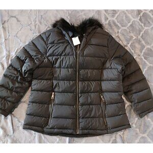 DKNY Women's Black Faux-Fur Trim Hooded Puffer Coat Size 0X (14W) NWT